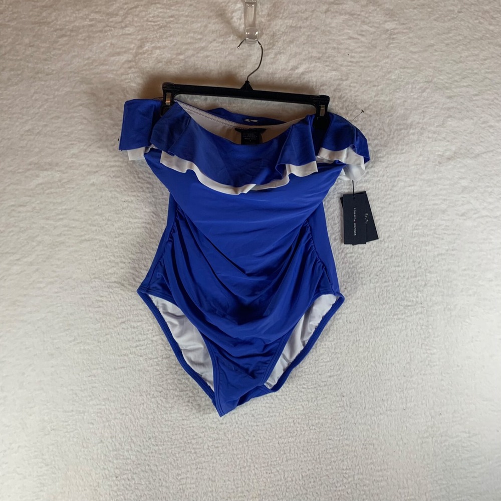 Tommy Hilfiger Women's Blue Flounce Ruffled Strapless One-Piece Swimsuit Size 16